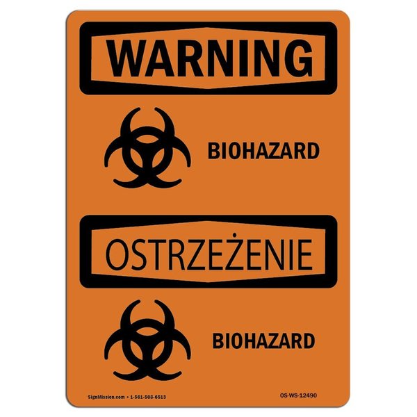 Signmission OSHA Warning Sign, 12" H, 18" W, Rigid Plastic, Biohazard Bilingual, Landscape, WS-P-1218-L-12490 OS-WS-P-1218-L-12490
